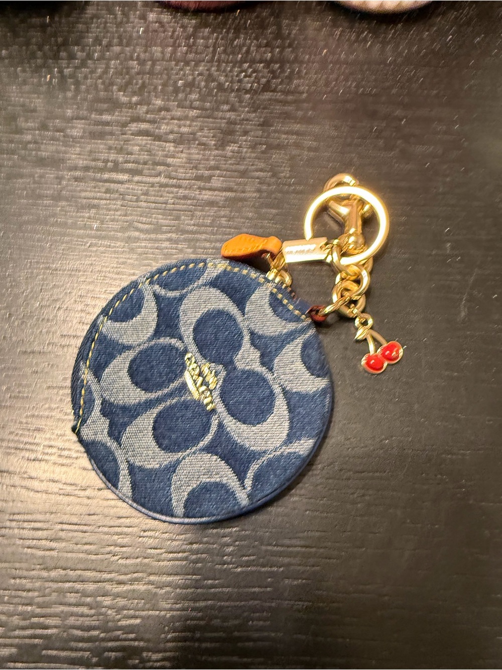 Coach Blue Denim Circle Coin Pouch with Tan Leather Pull